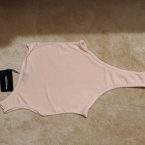 Pretty Little Thing Nude One Shoulder Glitter Slinky Bodysuit sz:10